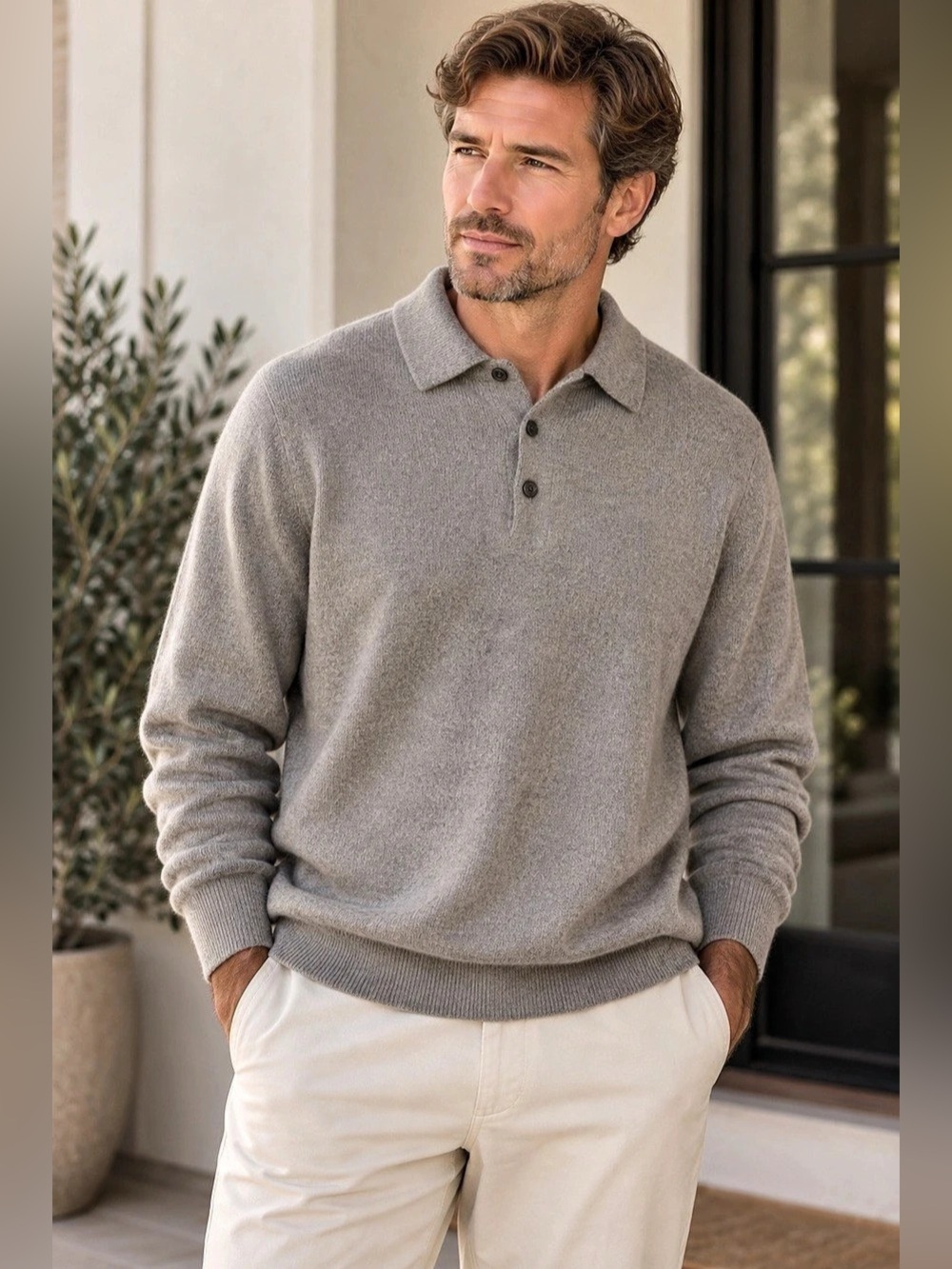 Club Room Men’s 100% 2-Ply Cashmere Polo Sweater Beige/Gray Long Sleeve Medium